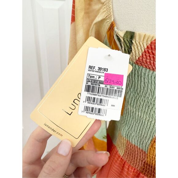 Lunender Palm Tree Beach Scene Smocked Puff Sleeve Midi Dress Size Small NWT - Picture 4 of 6